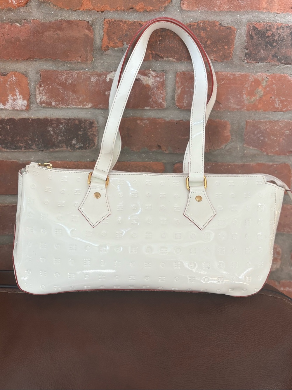Vintage Arcadia Made in Italy White Patent Leather Embossed Tote Bag